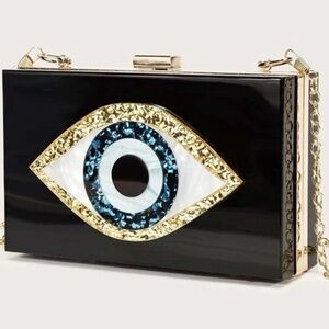 New! Black Acrylic Evil Eye Box Clutch with Gold Chain 🧿